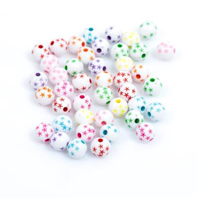 25 Gram - 8 mm Karışık Renk Yıldızlı Desenli Yuvarlak Plastik Boncuk, 1. Kalite Boncuk, (25 gram - 83-88 Adet) - 3