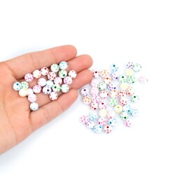 25 Gram - 8 mm Karışık Renk Yıldızlı Desenli Yuvarlak Plastik Boncuk, 1. Kalite Boncuk, (25 gram - 83-88 Adet) - 4