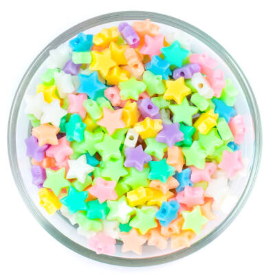 25 Gram - 8 mm Pastel Karışık Renkli Yıldız Plastik Boncuk, ( 25 gram - 155-160 Adet Arası ) - 1