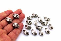 3 Adet - 10x16 mm Çizgili Oval Metal Boncuk, Nikel Kaplama - 1