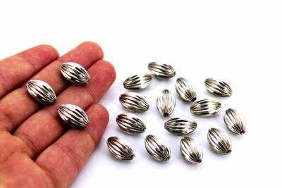 3 Adet - 10x16 mm Çizgili Oval Metal Boncuk, Nikel Kaplama - 1