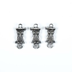 3 Adet - 21 mm Baykuş Desenli Metal Uç, Takı Malzemesi, Boyalı Gümüş Kaplama - 2