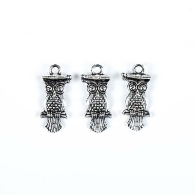 3 Adet - 21 mm Baykuş Desenli Metal Uç, Takı Malzemesi, Boyalı Gümüş Kaplama - 2