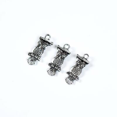 3 Adet - 21 mm Baykuş Desenli Metal Uç, Takı Malzemesi, Boyalı Gümüş Kaplama - 3