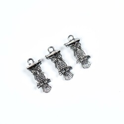 3 Adet - 21 mm Baykuş Desenli Metal Uç, Takı Malzemesi, Boyalı Gümüş Kaplama - 4