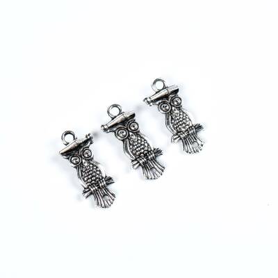 3 Adet - 21 mm Baykuş Desenli Metal Uç, Takı Malzemesi, Boyalı Gümüş Kaplama - 4