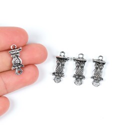 3 Adet - 21 mm Baykuş Desenli Metal Uç, Takı Malzemesi, Boyalı Gümüş Kaplama - 1