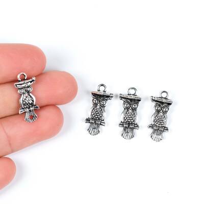 3 Adet - 21 mm Baykuş Desenli Metal Uç, Takı Malzemesi, Boyalı Gümüş Kaplama - 1