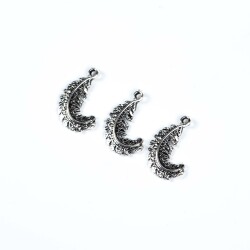 3 Adet - 23 mm Tüy Desenli Metal Uç, Takı Malzemesi, Boyalı Gümüş Kaplama - 3