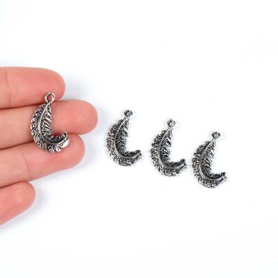 3 Adet - 23 mm Tüy Desenli Metal Uç, Takı Malzemesi, Boyalı Gümüş Kaplama - 1