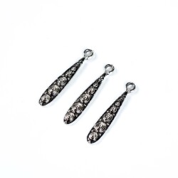 3 Adet - 34 mm Damla Desenli Metal Uç, Takı Malzemesi, Boyalı Gümüş Kaplama - 3