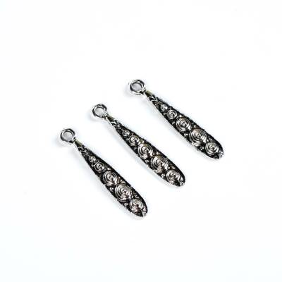 3 Adet - 34 mm Damla Desenli Metal Uç, Takı Malzemesi, Boyalı Gümüş Kaplama - 4