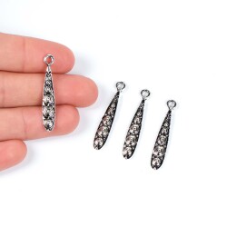 3 Adet - 34 mm Damla Desenli Metal Uç, Takı Malzemesi, Boyalı Gümüş Kaplama - 1
