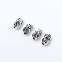 4 Adet - 10 mm, Ananas Desenli Metal Uç, Ortadan Delik Zamak Ara Parça, Boyalı Gümüş Renk, 1. Kalite - 1