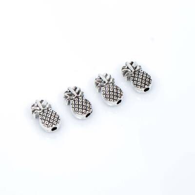 4 Adet - 10 mm, Ananas Desenli Metal Uç, Ortadan Delik Zamak Ara Parça, Boyalı Gümüş Renk, 1. Kalite - 2