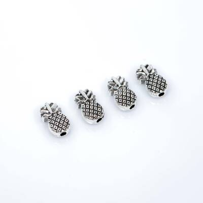 4 Adet - 10 mm, Ananas Desenli Metal Uç, Ortadan Delik Zamak Ara Parça, Boyalı Gümüş Renk, 1. Kalite - 5