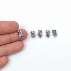 4 Adet - 10 mm, Ananas Desenli Metal Uç, Ortadan Delik Zamak Ara Parça, Boyalı Gümüş Renk, 1. Kalite - 3