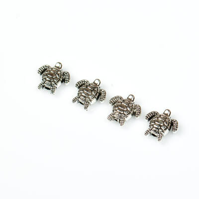 4 Adet - 10 mm, Kaplumbağa Desenli Metal Uç, Ortadan Delik Zamak Ara Parça, Boyalı Gümüş Renk, 1. Kalite - 1