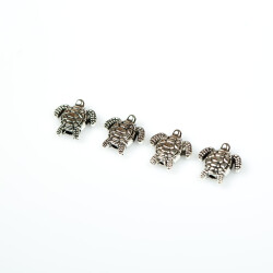 4 Adet - 10 mm, Kaplumbağa Desenli Metal Uç, Ortadan Delik Zamak Ara Parça, Boyalı Gümüş Renk, 1. Kalite - 5
