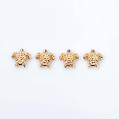 4 Adet - 10 mm, Kaplumbağa Desenli Metal Uç, Ortadan Delik Zamak Ara Parça, Sarı Lak Renk, 1. Kalite - 3