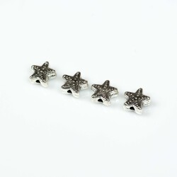 4 Adet - 10 mm, Yıldız Desenli Metal Uç, Ortadan Delik Zamak Ara Parça, Boyalı Gümüş Renk, 1. Kalite - 3