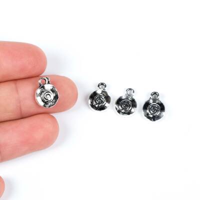 4 Adet - 12 mm Yuvarlak Desenli Metal Uç, Takı Malzemesi, Boyalı Gümüş Kaplama - 1