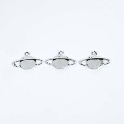 4 Adet - 15 mm Satürn Desenli Metal Uç, Takı Malzemesi, Boyalı Gümüş Kaplama - 2