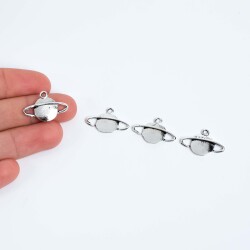 4 Adet - 15 mm Satürn Desenli Metal Uç, Takı Malzemesi, Boyalı Gümüş Kaplama - 1
