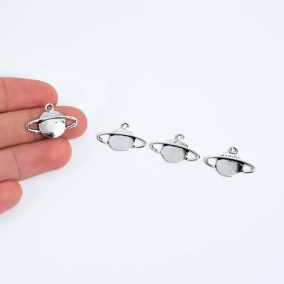 4 Adet - 15 mm Satürn Desenli Metal Uç, Takı Malzemesi, Boyalı Gümüş Kaplama - 1