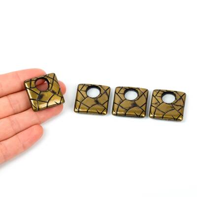 4 Adet - 27 mm Kare Desenli Metalize Uç, Antik Sarı Renk Metalize Boncuk - 1