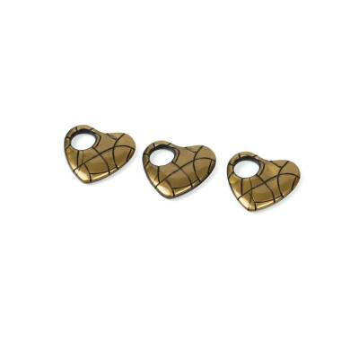 4 Adet - 28 mm Kalp Desenli Metalize Uç, Antik Sarı Renk Metalize Boncuk - 3