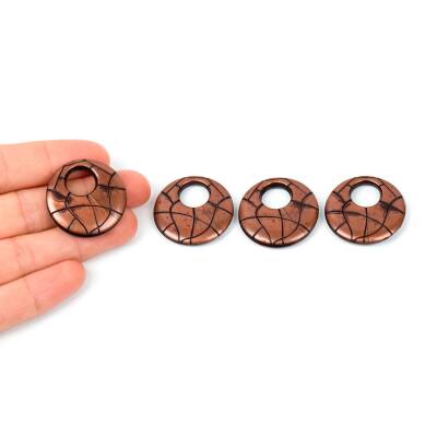 4 Adet - 28 mm Yuvarlak Desenli Metalize Uç, Antik Bakır Renk Metalize Boncuk - 1