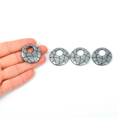 4 Adet - 28 mm Yuvarlak Desenli Metalize Uç, Antik Gümüş Renk Metalize Boncuk - 1