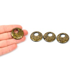 4 Adet - 28 mm Yuvarlak Desenli Metalize Uç, Antik Sarı Renk Metalize Boncuk - 1