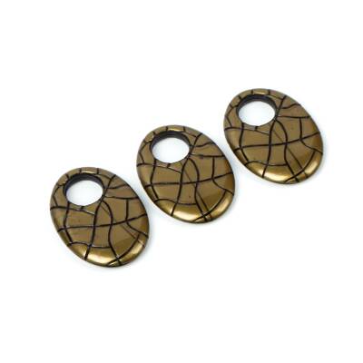 4 Adet - 34 mm Oval Desenli Metalize Uç, Antik Sarı Renk Metalize Boncuk - 4