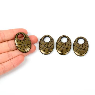 4 Adet - 34 mm Oval Desenli Metalize Uç, Antik Sarı Renk Metalize Boncuk - 1