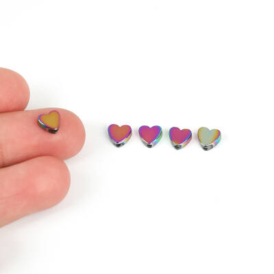 4 Adet - 6 mm, Kalp Desenli Metal Uç, Ortadan Delik Zamak Ara Parça, Janjanlı Hematit Renk, 1. Kalite - 1