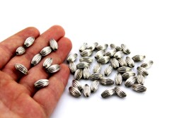 4 Adet - 7x12 mm Çizgili Oval Metal Boncuk, Nikel Kaplama - 1
