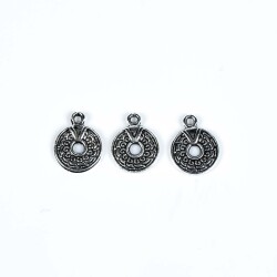 5 Adet - 15 mm Yuvarlak Desenli Metal Uç, Takı Malzemesi, Boyalı Gümüş Kaplama - 2