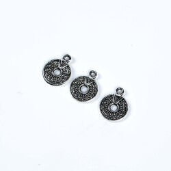 5 Adet - 15 mm Yuvarlak Desenli Metal Uç, Takı Malzemesi, Boyalı Gümüş Kaplama - 3