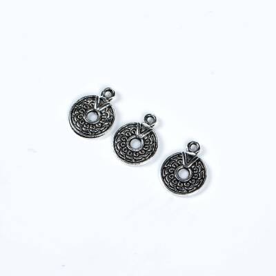 5 Adet - 15 mm Yuvarlak Desenli Metal Uç, Takı Malzemesi, Boyalı Gümüş Kaplama - 3