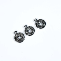 5 Adet - 15 mm Yuvarlak Desenli Metal Uç, Takı Malzemesi, Boyalı Gümüş Kaplama - 4