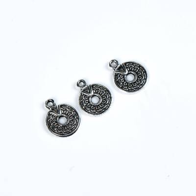 5 Adet - 15 mm Yuvarlak Desenli Metal Uç, Takı Malzemesi, Boyalı Gümüş Kaplama - 4