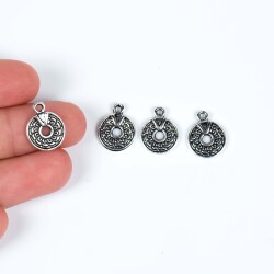5 Adet - 15 mm Yuvarlak Desenli Metal Uç, Takı Malzemesi, Boyalı Gümüş Kaplama - 1