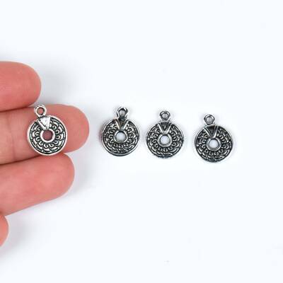 5 Adet - 15 mm Yuvarlak Desenli Metal Uç, Takı Malzemesi, Boyalı Gümüş Kaplama - 1