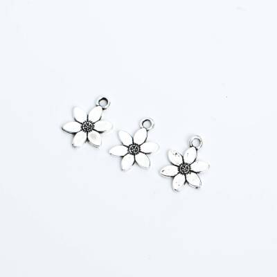 5 Adet - 16 mm Papatya Desenli Metal Uç, Takı Malzemesi, Boyalı Gümüş Kaplama - 3