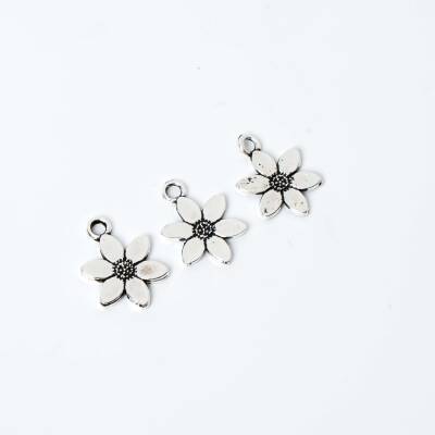 5 Adet - 16 mm Papatya Desenli Metal Uç, Takı Malzemesi, Boyalı Gümüş Kaplama - 4