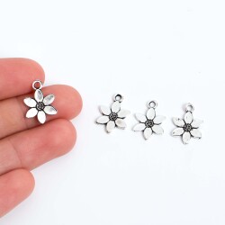5 Adet - 16 mm Papatya Desenli Metal Uç, Takı Malzemesi, Boyalı Gümüş Kaplama - 1