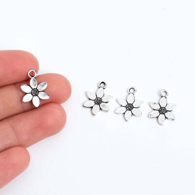 5 Adet - 16 mm Papatya Desenli Metal Uç, Takı Malzemesi, Boyalı Gümüş Kaplama - 1