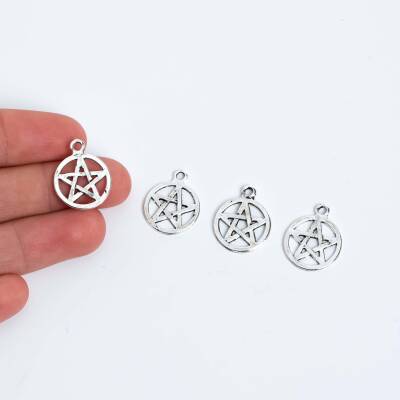 5 Adet - 20 mm Yıldız Desenli Metal Uç, Takı Malzemesi, Boyalı Gümüş Kaplama - 1